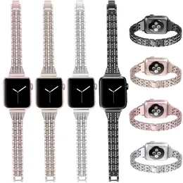 Lady Slim Elegant Bling idzie z biżuterią linki bransoletki stalowe paski zegarek na rękę do Apple Watch Series 7 6 5 4 Rozmiar 42 44 45 38 40 41 mm