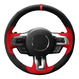 Handembroidered Car Steering Wheel Cover Black Ford Mustang 2015 2016 2017 2018 2019 Car Styling J220808のための本物の革のスエード