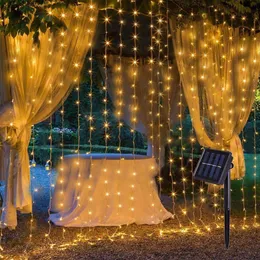 Solarlampa LED -strängar Ljus utomhus 3x3m 300Led Fairy Strip Curtain String Lights For Window Christmas Party Garland Garland Holiday Lighting