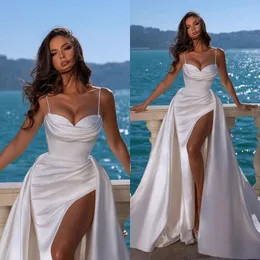 Högkvalitativa satin bröllopsklänningar för brud 2022 sjöjungfru brudklänningar avtagbar tåg stilig hög split vestido de novia