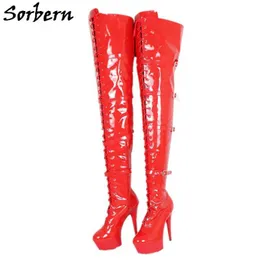 Sorbern Crotch Thigh High Women Boots 15cm Heels Shaft Height 80cm Ladies Spike High Heels Platform Lace Up Buckle Strap