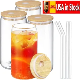 US STOCK 12oz 16oz Sublimation Glass Cola Can Tumbler Clear Frosted Jar with Bamboo Lid Wide Mouth Beer Cup Festival Party Wine Tumblers