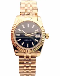 31mm女性腕時計レディ自動機械式時計ゴールドブラックステンレス鋼ストラップ折りたたみバックル