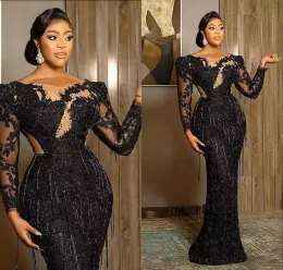 Aso Ebi Arabic Plus Size Evening Dresses Black Luxurious Mermaid Prom Dress Lace Beaded Tassel Sheer Neck Formal Party Second Reception Gowns Robe de