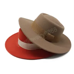 Vintage Einfarbig Fedora Hut mit Breiter Krempe Für Frauen Männer Wolle Fedoras Britischen Stil Hochzeit Kirche Jazz Filz Hüte mit Gürtel