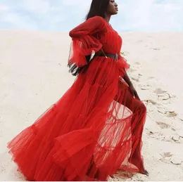 Sukienki swobodne moda czerwona patrz przez tiulową szatę pełne rękawy a- line seksowna kobiety sukienka macierzyńska Kobieta ubranie