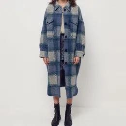 Women's Wool & Blends Coat Female Classic Long 2022 Winter Blue Single-breasted Check Large Profile Brushed Pocket Felt 88 Phyl22