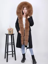 女性の毛皮のフェイクxlongリアル冬の女性ジャケット2022コートカラー本物の帽子パーカウォームルーズストリートウェア