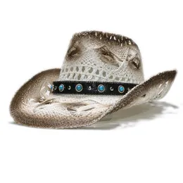 Berets Fashion Retro Vintage Women's Men's Puste Bohemia Cowboy Western Summer Straw Turquoise Skórzany zespół Cowgirl Sun Hat 58c
