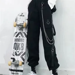 Women Cargo Pants Harem Pants Fashion Punk Pockets Jogger Trousers With Chain Harajuku Elastics High Waist Streetwear 220812