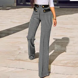 Autumn Casual Women Trousers Fashion Capri Leggins Houndstooth Print Buttoned High Waist Wide Leg Tailored Pants