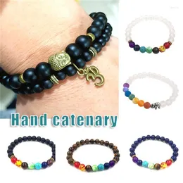 Beaded Strands 7 Chakra Armband 8mm Black Frosted 3D Buddhas Head Energy Stone Colorful Buddhist Bead Women Män Fawn22