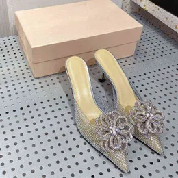 2022 봄과 여름 PVC 영화 모조 다이아몬드 꽃 포인트 바오 투 하이힐 섹시한 입는 요정 스타일 슬리퍼 여자 신발
