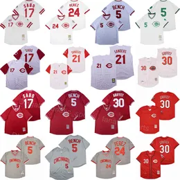 Retro baseball 17 Chris Sabo Jersey 30 Ken Griffey 5 Johnny Bench 24 Tony Perez 21 Reggie Sanders Cool Base Red White Grey Pullover Vintage 1976 1990 2000 2005 Pensionera