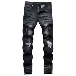 Schwarze Jeans Männer schlanke Passpicke gerade Biker Denim Hosen Zip Patchwork Herren Hip Hop Hosen für männliche große Größe 30-44