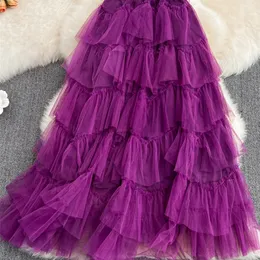 TIGENA Tutu Tulle Long Skirts Spring Korean Solid A Line High Waist Mesh Tiered Maxi Skirt Female Faldas Aesthetic 220611