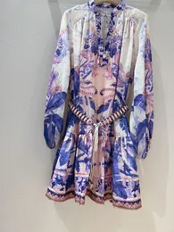 Temperament V Stand Dress Halsband Design Dreamy Purple Muster Printed Lantern Sleeve Style01