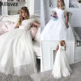 Pearls Fur Ivory Flower Girl Dresses For Wedding Jewel Neck Satin Simple Little Girl's Pageant Princess Gown With Bow Kids Children First Communion Dress CL0744