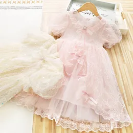 2022 Lato Girls Princess Dress Dzieci Bowknot Lace Wzburzyć Krótki Rękaw Party Tutu Sukienki Kids Gares Wysokiej Jakości Odzież S2073