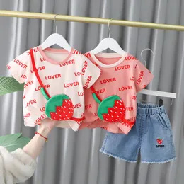 Conjuntos de ropa Ropa para bebés Vestido para niñas Camiseta con estampado de frutas con pantalones cortos de mezclilla Borla 2 unid / Set Trajes de moda para niños 1 3 4 añosC