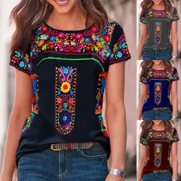 Women's Summer National Style Top Bohemian Print Round Neck Loose Casual Short Sleeve T-Shirt 220511