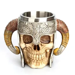 Stainless Steel Skull Mug Viking Drinking Cup Skeleton Resin Beer Stein Tankard Coffee Mug Tea Cup Halloween Bar Drinkware Gift 210409