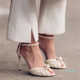 Design Suknia Ślubna Buty Damskie Wysokie obcasanie Sandal 100mm White Satin Sandals Pompy Kryształowe Buckle Sandalies