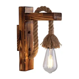 American Wood Retro Vintage Stair Aisle Corridor Decorative Hemp Rope Wall Lamp Bedroom E27 Bedside Light 220705