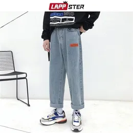 LAPPSTER Uomo coreano Fashoins Harem Blue Jeans Pantaloni Vintage Pantaloni dritti Jeans Harajuku Cintura larga Denim di alta qualità 210318