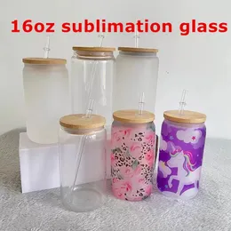 Spot goods Wholesale! 16oz cups Sublimation Clear Frosted Beer Glasses With Lids&PLASTIC Straws 500ml White Blank Water Bottles DIY Heat Transfer Wine Tumblers