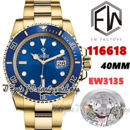 EWF v2 EW116618 EW3135 Автоматические мужские часы 4 мм керамика Bezel Blue Dial Gold 904L из нержавеющей стали с той же серийной гарантийной картой Super Edition Eternity Watches