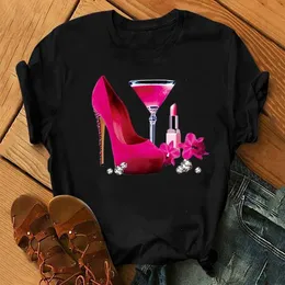 Zogankin t-shirt yaz gündelik üstleri kısa kollu kadınlar pembe yüksek topuk ayakkabıları şarap bardakları baskılı siyah kadın