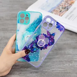 Metall-Fingerringhalter-Hüllen für iPhone 13 Pro Max 12 11 X XR XS MAX 7 PLUS Bling Glitzer Herz Liebe Ozean Harter PC Acryl TPU Schmetterling Blume Rückseite