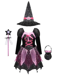 Kläder sätter barnflickor Halloween Witch Costume Outfit långärmad glittrande silverstjärnor tryckt klänning med spetsig hatt trollkarl