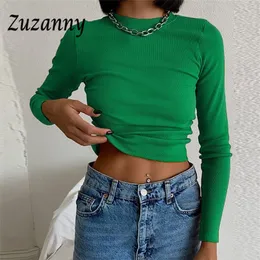 Zuzanny o Neck långärmad gröda topp mode damer kläder solid grundläggande t shirt ribber casual skinn vit smal kvinna toppar 220714