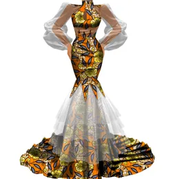 BintaRealWax Ny design Kvinnor Elegant Bodycon Hög kvalitet Tutu Tyll Gaze Patchwork Afrikanskt tyg Bröllopsfest kjolklänningar WY4720