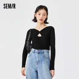 Semir Sweater Women Short VNeck Hollow Out SelfCultivation Spring Bow Solid Color Top Korean Version 220815