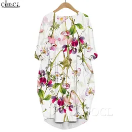 Women Dress Elegant Flowers 3D Graphics Printed Loose Daughter Dresses Long Sleeve Fashion Gown Pocket Dress Party Dress 220616