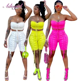 Neon Color Two Piece Set Women Active Tracksuit Summer Strapless Lace Up Crop Tops Bandage Bikers Shorts Outfit Streetwear Suit 220527