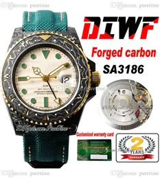 DIWF GMT II SA3186 Automatic Mens Watch Carbon Fiber Case Yellow Gold Bezel Arabic Script Beige Dial Green Nylon Strap Super Edition Puretime B2