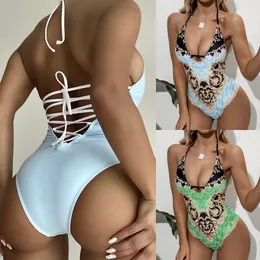 Nowy Sexy Piece Bikinis Kobiety Kwiat Drukuj Garnitury kąpielowe Vintage Swimwear Summer Bandage Beach Wear Swim Siatek Plus Size S-XL