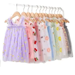 Flower Embroidery Girls Dress Summer Baby Sling Tulle Pettskirt Sweet Lace Kid Princess Dresses Party Vestidos Para Clothes 1-6T 220426