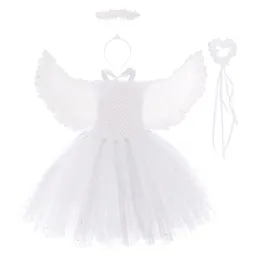 Mädchenkleider Weiße Feder Engel Cosplay Tutu Kleid mit Flügeln Set Purim Schöne Art Mädchen Geburtstag Halloween Party Kostüm für Schule Perf