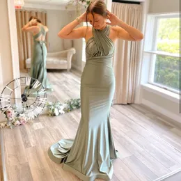 Halter Convertible Mermaid Evening Dresses 2022 Sweep Train Backless Satin Formal Prom Party Gowns Plus Size