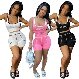 Baby Letter Rhinestone Tracksuits Women Summer Two Piece Shorts Set Sleeveless Croped Vest Top Shorts Outfits Slim Sports Wears