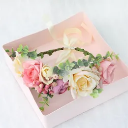 Flickor simulering blommor krona kransbutik stereo rosa ros pannband barn spets band b￥gar prinsessor h￥r tillbeh￶r a6574215c