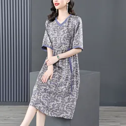 8670# YM New Summer Women Casual Dresses V-neck Half Sleeve Printing & Belt Lacing Up Ladies Loose Fashion Dress M-XXXL