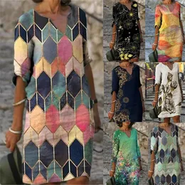 Zarif Kadın Elbise Yaz Vintage Baskı Vneck Yarım Kollu Aline Elbise Sundress Moda Kadın Gevşek Elbiseler Vestidos 220530