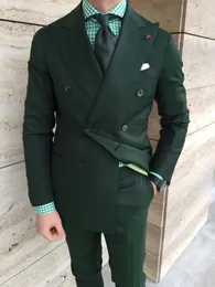 Slim Fit Double Breasted Wedding Tuxedos Men Suits Groom Formal Wear Hunter Green 2 Piece Dinner Prom Party Blazer Jacket Pants