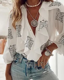 Puloru Elegant Fashion Ruffles V-neck Casual Shirts Fall Spring Office Lady Long Sleeve Button Down Tops Women's 220317